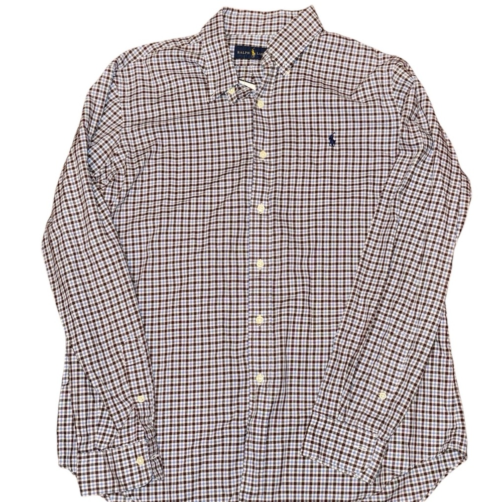 RALPH LAUREN BROWN AND BLUE PLAID BUTTON DOWN MEN